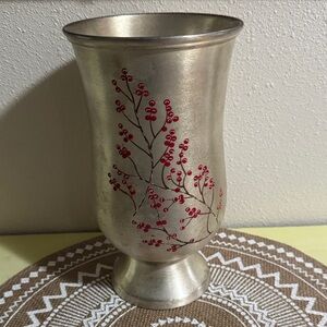 Bath & Body Works Silver Metal Vase with Painted Red Berry Design made in India